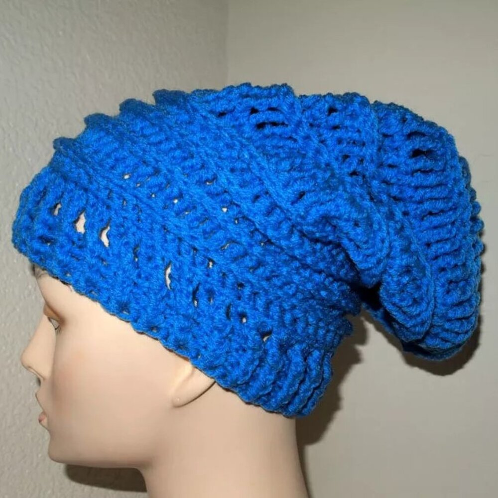 Handmade Blue Crochet Beanie Extra Slouchy Hat O/S Cali Love Dutch